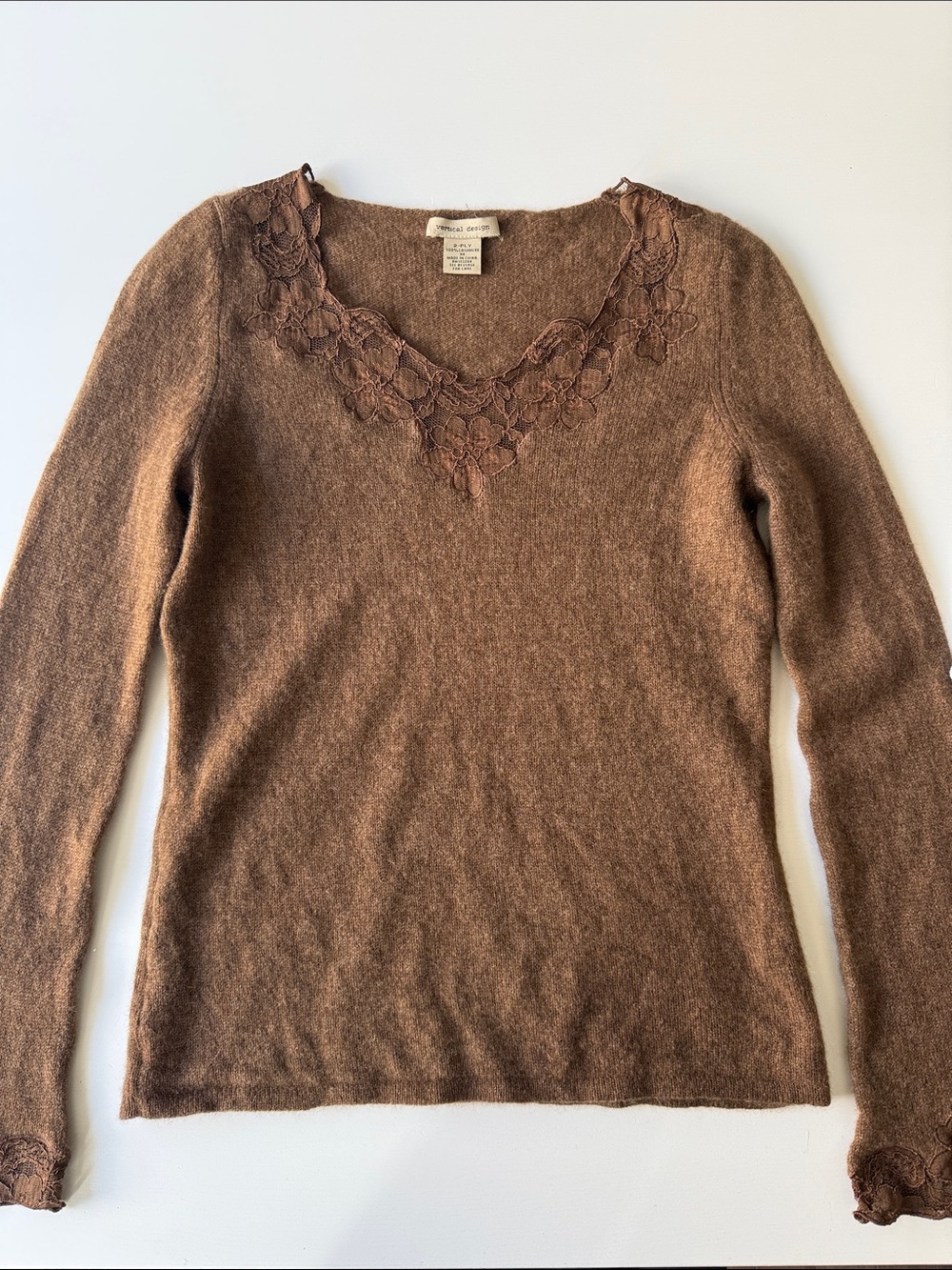 100% Cashmere Brown Lace-Trim V-Neck Sweater